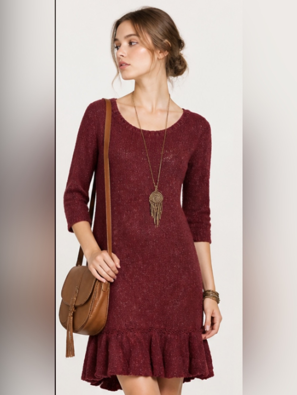 KENSIE Sweater Dress Cottagecore Pioneer Boho Tiered